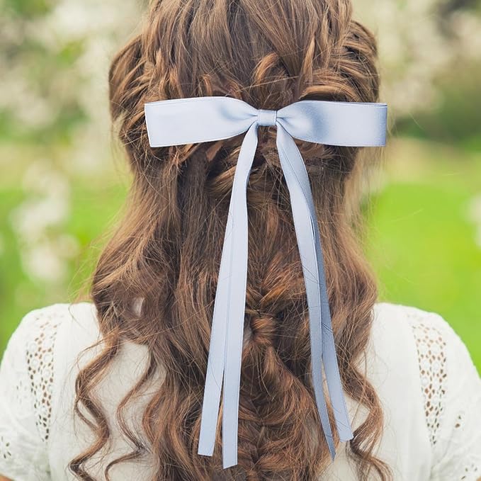 4 PCS Tassel Ribbon Bowknot Hair Clips With Long Tail for Women Girl Teens Kids, Solid Holder Fashion Bow Bowknot Hair Accessories Headwear Barrettes Claw(Blue&White)