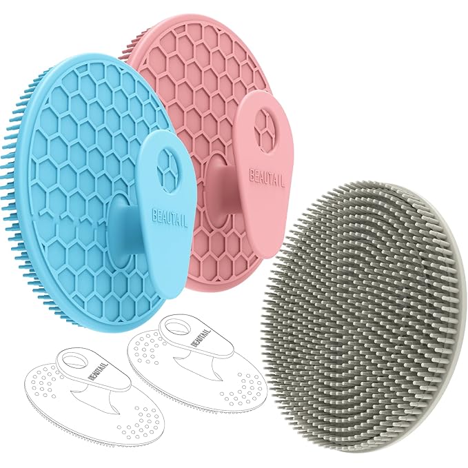 Silicone Body and Face Scrubber Set 5 Pack, BEAUTAIL Shower Bath Scrubber, Gentle Exfoliating Brush for Women Men Sensitive Skin, More Hygienic Than Traditional Loofah, Long Lasting, Pink+Blue+Gray