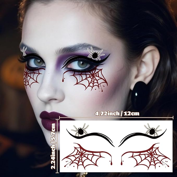 12 Sheets Halloween Luminous Temporary Tattoo, Upper & Lower Lash Designs Waterproof with Scary Motifs for Men & Women Cosplay Party & Festive Looks & Stage Face Makeup Decoration