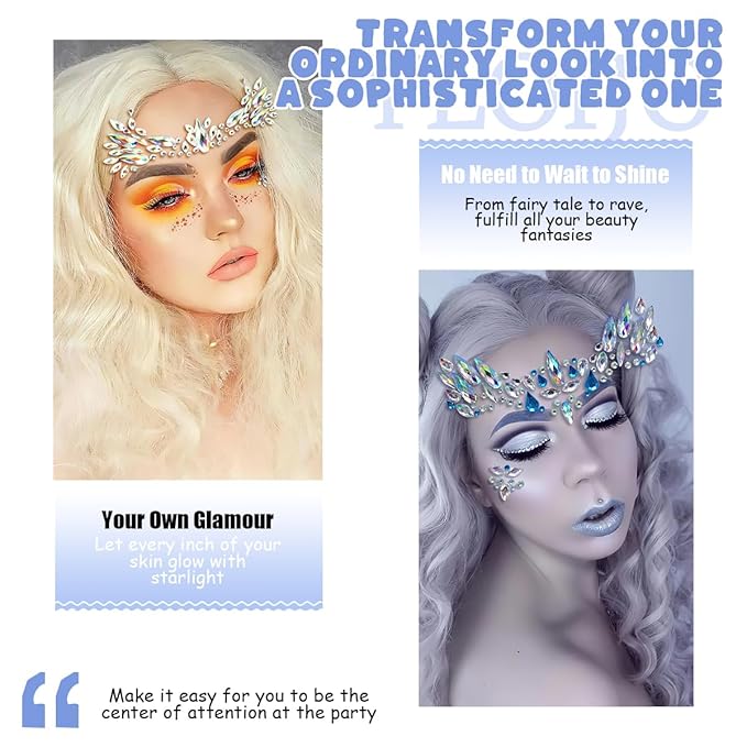 Mermaid Face Gems Stickers Rhinestone Colorful Glitter Gems Temporary Face Tattoo Stickers for Women Girl Halloween Cosplay Christmas Music Carnival Party Makeup (2 Pack)