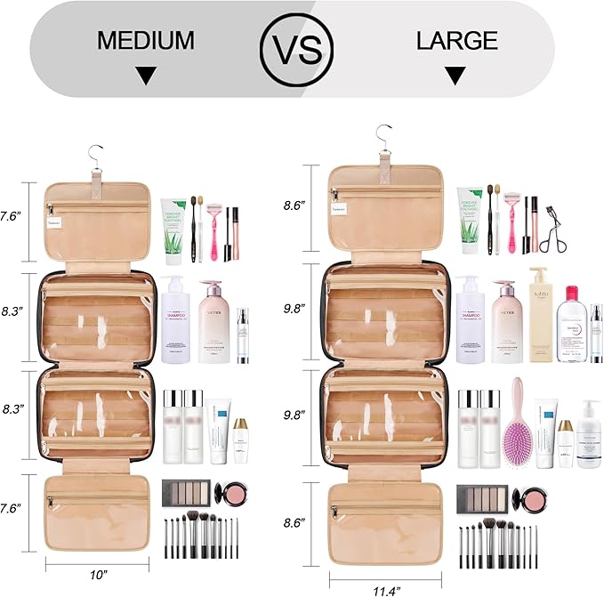 Travel Hanging Toiletry Bag for Women, with Jewelry Organizer Compartment, Medium Waterproof Hanging Makeup Accessories, Cosmetic Essentials, Toiletries Dopp Kit Set with Trolley Belt, Black