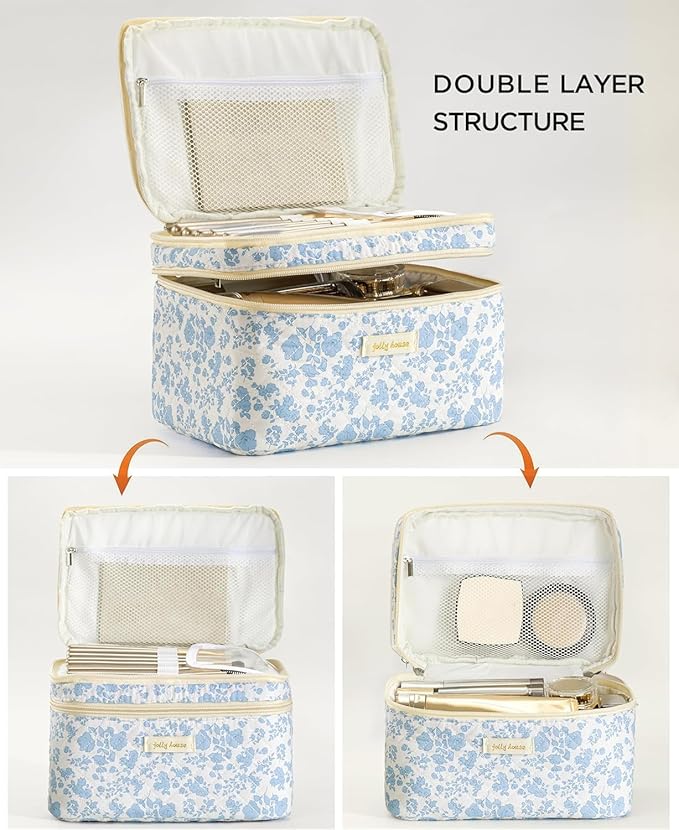 HBselect 2Pcs Travel Makeup Bag, Large Cotton Quilted Makeup Bag Cosmetic Bag Cute Make up Bag Toiletry Bags for Women Girls