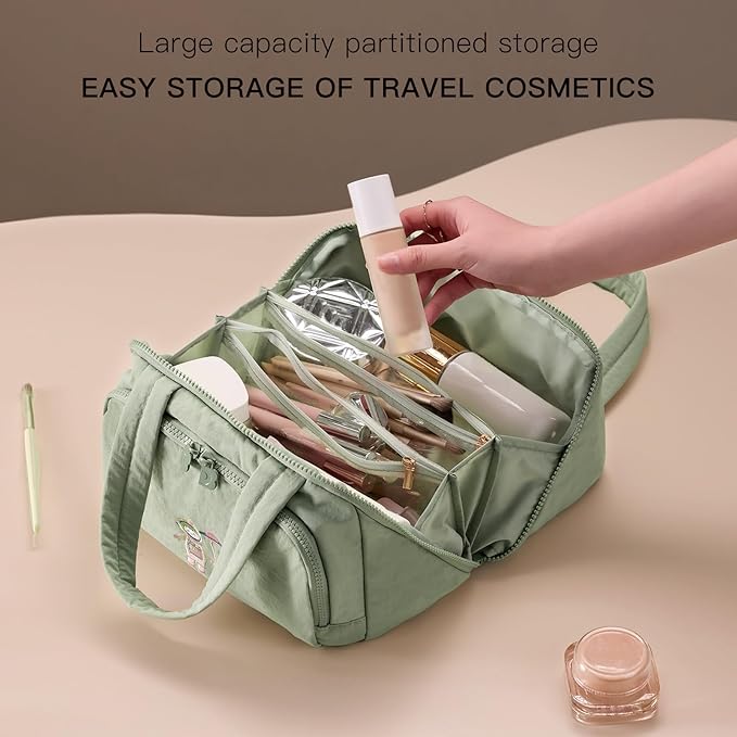 Makeup bag, Large Capacity Cosmetic Bag for Women, Portable Wide-open Toiletry Bag, Travel Makeup Bag with TPU Compartments for Accessories, Essentials, Toiletries, Makeup Brush Bag, Green