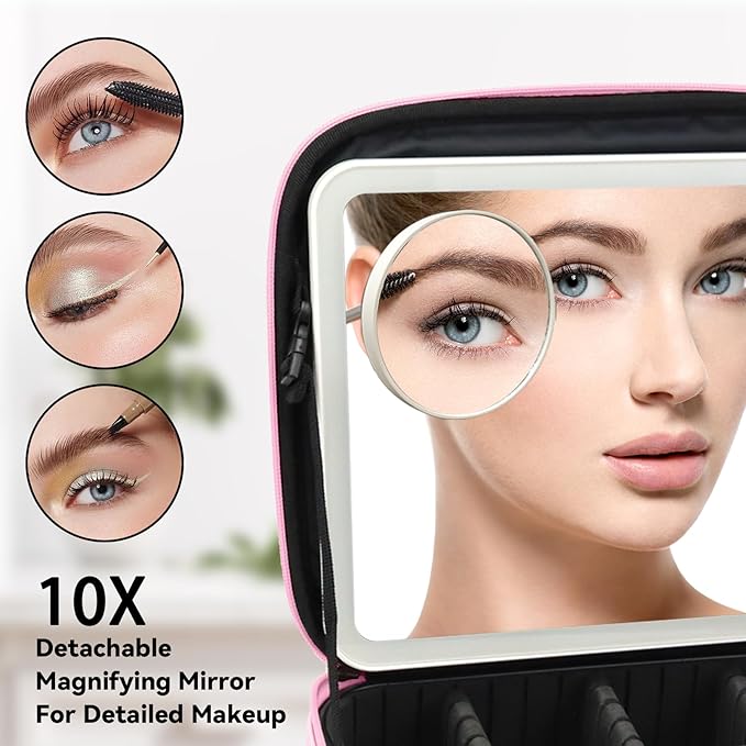 Travel Makeup Bag with LED Mirror and 10x magnifying glass with 3 Lighted Settings, Adjustable Dividers and Makeup Brush Storage Bag Dark Pink