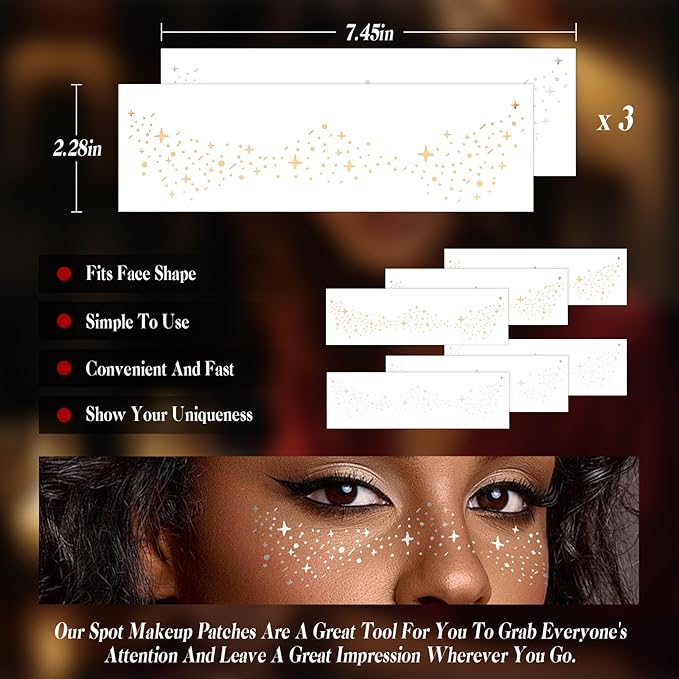 Glitter Freckles Face Tattoo 6 Sheets Face Makeup Patches Gold & Silver Star Fake Freckles Cute Temporary Makeup Accessories for Women Girls Party - Set2