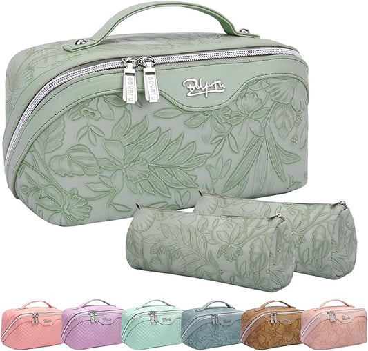 BOYATU Travel Makeup Bags Cosmetic Organizer Bag: 3-Set Large Capacity Make up Bag - PU Leather Toiletry Bags for Women - Wide Open Portable Pouch with Divider & Handle (02-Light Green)