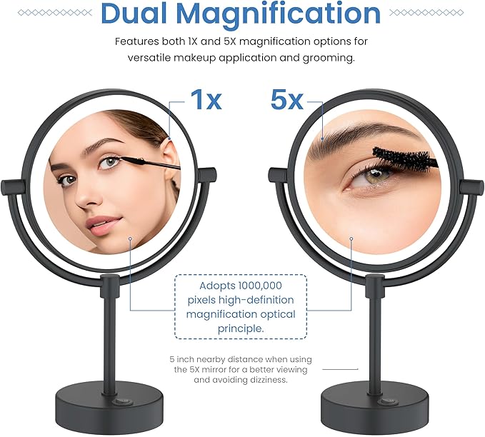KIBI Circular LED Free Standing Magnifying Makeup Mirror | 360-Degree Swivel Shaving Mirror with Adjustable Brightness | Dual-Sided Vanity Mirror with 5X Magnification (Matte Black, KMM104)