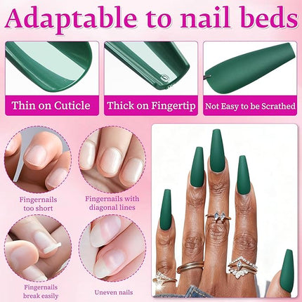 LoveOurHome 100pc Coffin Press on Nails Long Fake Nails Matte Full Cover False Nails Press ons Artificial Nail Medium Ballerina Fake Fingernail Green Presson on Nail Tips for Women Kids Girls