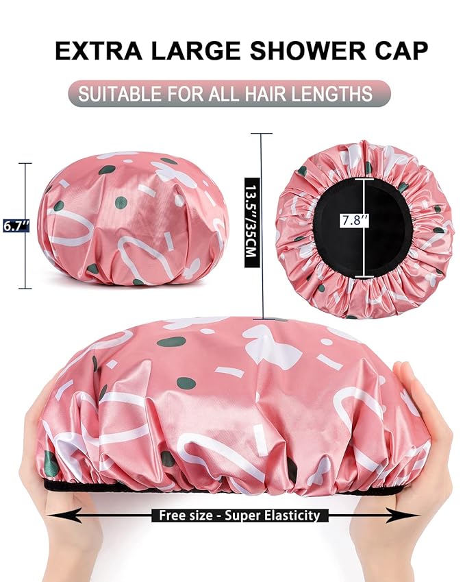 YIZIJIZI Triple Layer Reusable Waterproof Shower Cap for Women Large Terry Lined Hair Cap for Long Thick Hair Travel Bath Care Pink Flowers