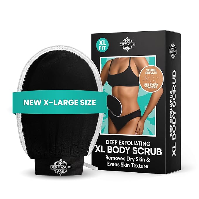 Dermasuri Deep Exfoliating Glove - Korean Exfoliating Mitt - Reusable Body Scrubber for Shower - Buffs Dry & Dead Ski - Keratosis Pilaris Treatment Scrub - Stocking Stuffer Gifts for Women & Men - XL