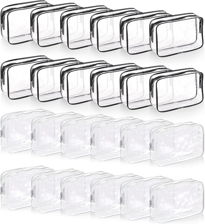 24 PCS Clear Makeup Bag with Zipper, Waterproof Transparent Toiletry Bag Organizer, PVC Portable Cosmetic Bags for Women Men Traveling Vacation Bathroom Home (Black, White)