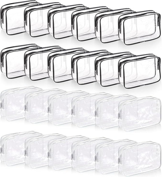 24 PCS Clear Makeup Bag with Zipper, Waterproof Transparent Toiletry Bag Organizer, PVC Portable Cosmetic Bags for Women Men Traveling Vacation Bathroom Home (Black, White)