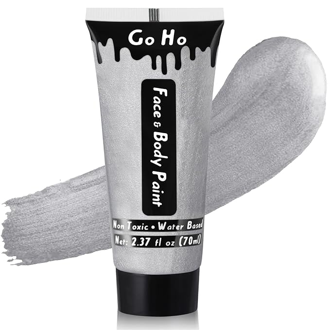 Go Ho Metallic Silver Body Paint Washable(2.37oz/pc),Water Based Cream Silver Face Body Paint,Full Professional Face Paint for Halloween Costumes Festivals Cosplay SFX Makeup