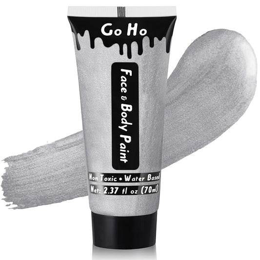 Go Ho Metallic Silver Body Paint Washable(2.37oz/pc),Water Based Cream Silver Face Body Paint,Full Professional Face Paint for Halloween Costumes Festivals Cosplay SFX Makeup