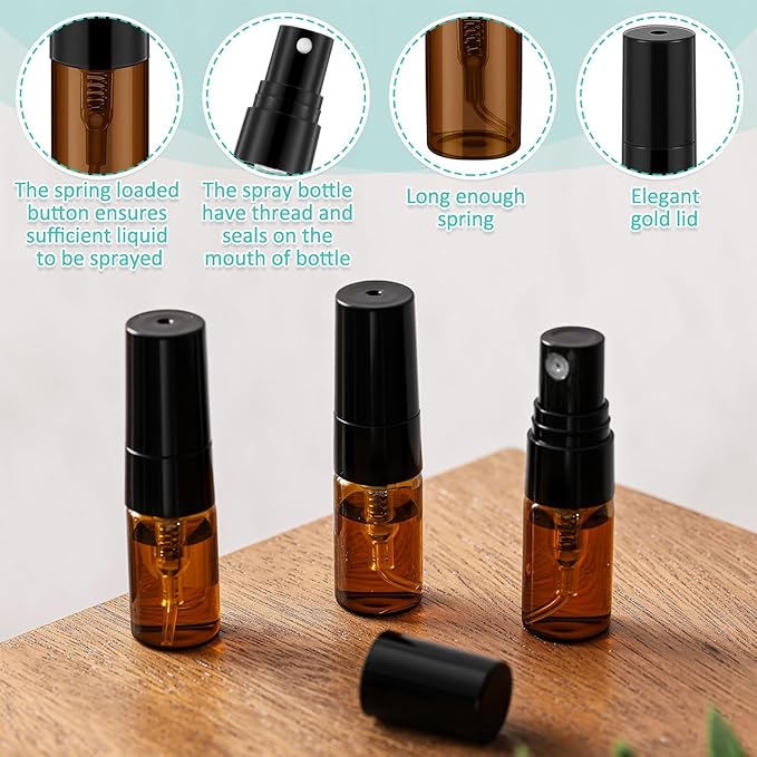 Zhehao 50 Pcs Mini Spray Bottles 2 ml Clear Glass Perfume Bottles Refillable Fine Mist Perfume Atomizer Portable Empty Sample Containers for Cleaning, Essential Oils, Travel (Amber)