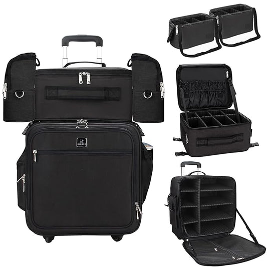 Relavel Rolling Makeup Case Professional Makeup Train Case Makeup Artist Travel Organizer 4 in 1 with Detachable Cosmetic Case and Dual Makeup Brush Case and Wheels (Black, 4-Pack)
