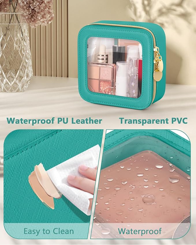 Mini Makeup Bag, Small Makeup Bag for Purse, Waterproof Clear Makeup bag, Leather Cosmetic Bag, Square Make Up Bag Pouch, Toiletry Bag for Travel, Car and Women, Green