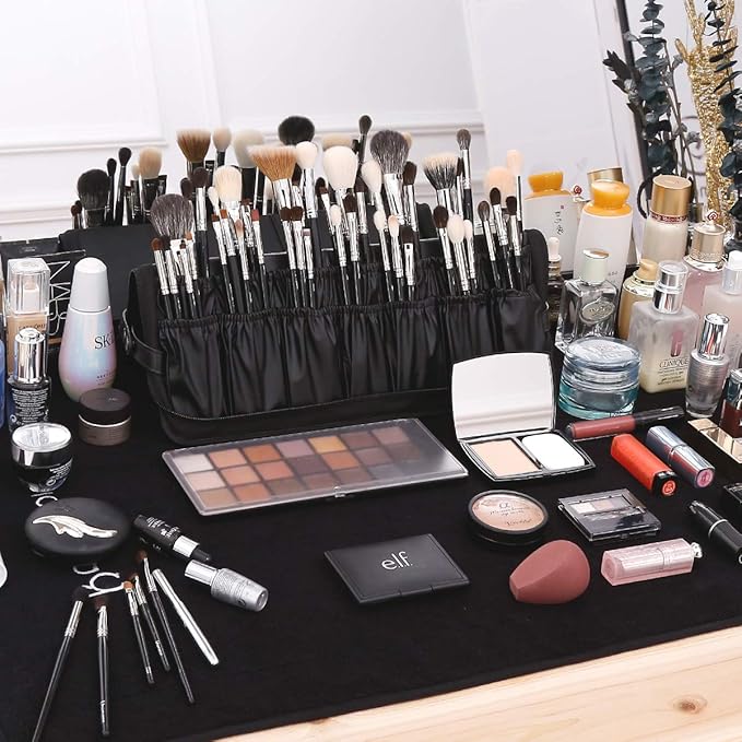 Rownyeon Professional Makeup Brushes Organizer Bag Makeup Artist Cosmetic Case Leather Handbag Black Travel Portable(Only Bag)