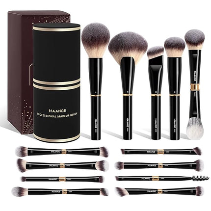 MAANGE 13Pcs Makeup Brushes with Case, Professional Brochas De Maquillaje for Face & Eyes, Soft Synthetic Foundation Powder Blush Eyeshadow Brush Kit with Gift Box,Black