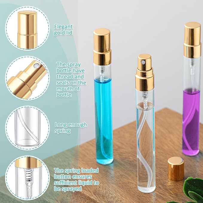Zhehao 10 Pcs Mini Spray Bottles 10 ml Clear Glass Perfume Bottles Refillable Fine Mist Perfume Atomizer Portable Empty Sample Containers for Cleaning, Essential Oils, Travel (Gold Cap)