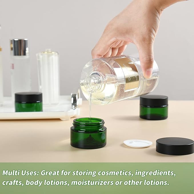 2 oz Reusable Green Glass Container Jars 24 Pack with Wide-mouth Leak Proof Cap and Inner Pull-On Lid for Travel Storage Makeup, Face Creams, Body Lotions, DIY Crafts or Others