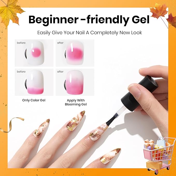 Beetles Blooming Gel 15ml Clear Uv Led Blossom Fall Halloween Nails Gel Polish for Spreading Effect Marble Natural Stone Watercolor Floral Print Soak off Diy Nail Art Design Manicure Gift for Women