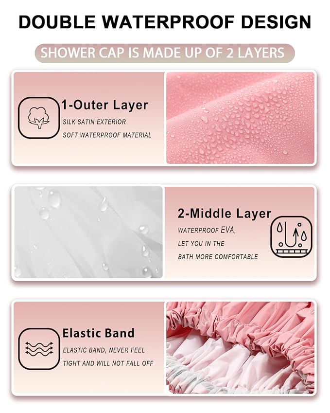 YIZIJIZI Shower Cap,Shower Caps for Women Reusable Waterproof,Two Layer Large Shower Caps Reusable Suitable for All Types of Straight Hair, Curly Hair, Long Hair,Braids (pink)