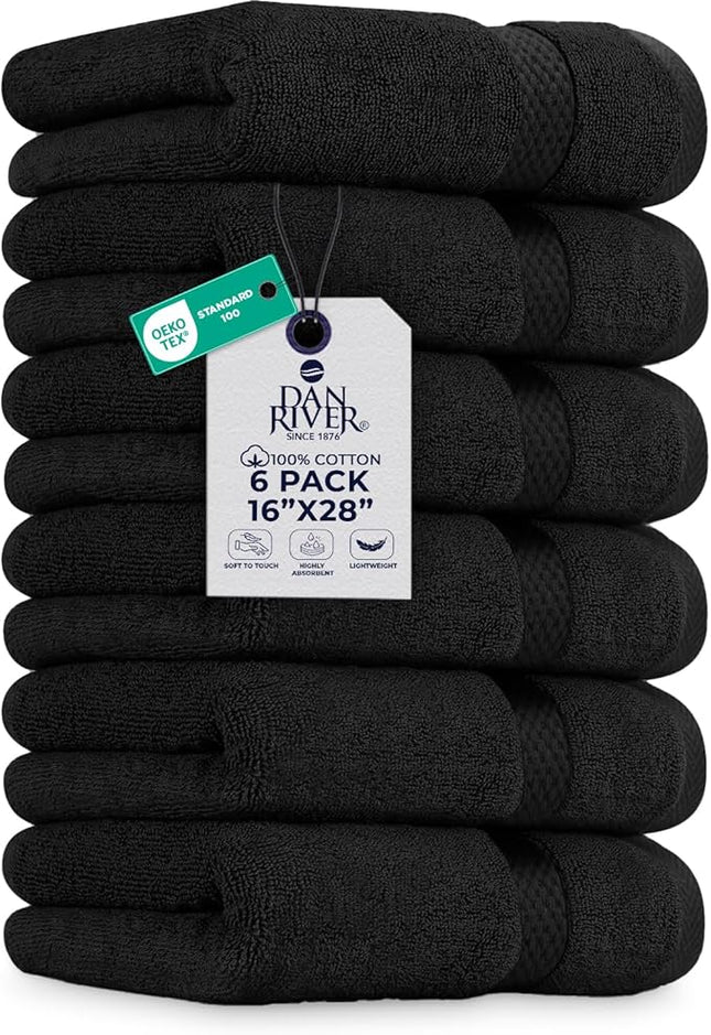 DAN RIVER 6-Pack Premium Hand Towels (16x28 Inches) - 100% Cotton, Ultra Soft, Lightweight, Highly Absorbent Towels for Bathroom, Spa, Gym, Salon, Hotel, and Travel - Black