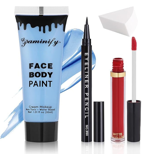 Sally Makeup Kit,Corpse Bride Halloween Makeup Kit,Water Based Light Blue Face Body Paint+Black Eyeliner+Red Lipstick+Sponge,Baby Blue Face Painting Kit for Sally Costume Cosplay