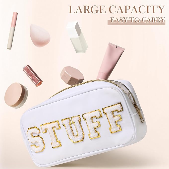 Cunno 4 Pcs Preppy Makeup Bags Chenille Letter Stuff Bag Nylon Cosmetic Pouch Cases with Zipper for Women Travel Toiletry