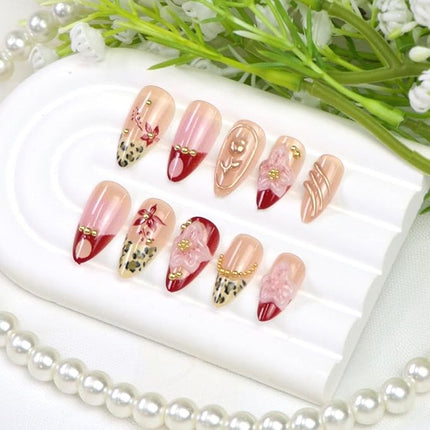 Short Press on Nails Almond Fake Nails with 3D Flower Gold Pearl Leopard Designs Red French Tips Nails Press ons Glossy Nude Pink Acrylic Nail Winter Fall Stick on Nail for Women 24 Pcs