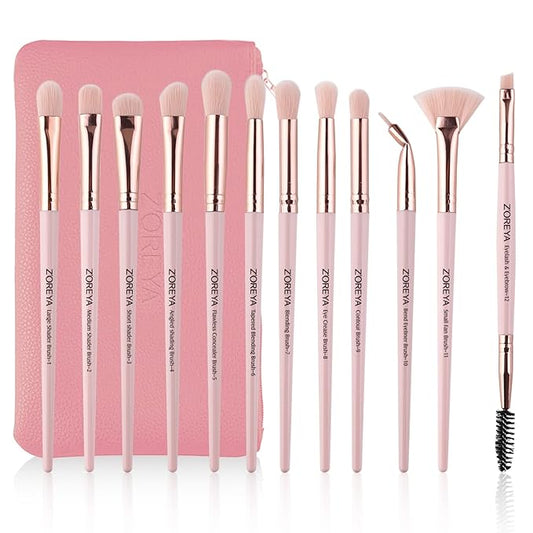 Z'OREYA Eye Makeup Brushes, 12 Pcs Professional Eye Brush Set Eyeshadow, Eyebrow, Blending, Fan, Eyelash Brushes Set With Carrying Bag (Pink)