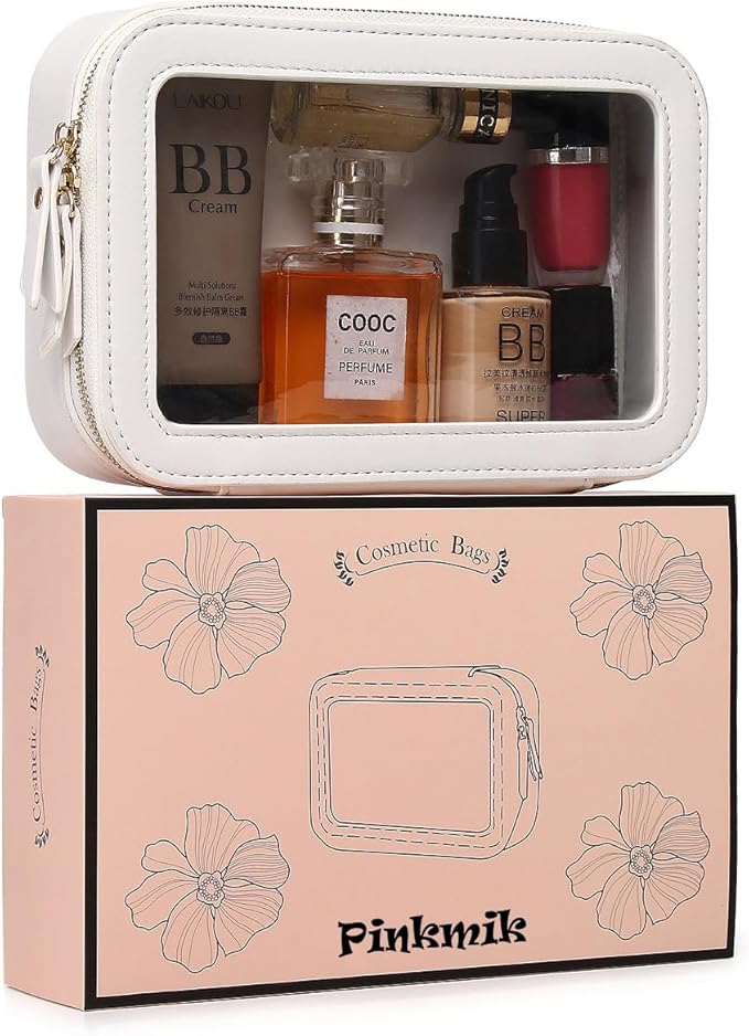 Pinkmik Clear Makeup Bag Transparent Travel Case for Cosmetics and Toiletries Women's Clear Car Bag with Zipper (White, Small)
