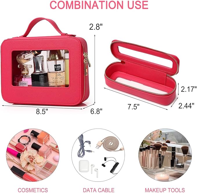 Pinkmik Travel Clear Makeup Bag with Brush Bag Portable Cosmetic Bag Case Transparent Toiletry Bag Cosmetic Organizer Storage Bag for Wome (X/Fuxia, L+SLIM)