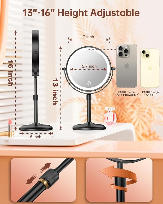 Benbilry Lighted Makeup Mirror with 10X Magnification & 3 Color Lights, Adjustable Brightness & Height, 7 Inch 360° Swivel Rechargeable LED Magnifying Make Up Mirror with Lighting (Black)