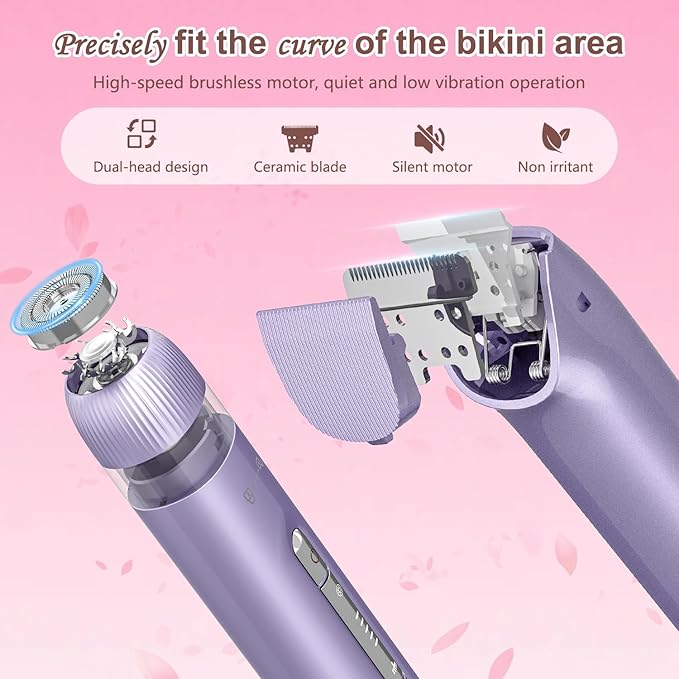 Bikini Trimmer for Women, 2 in 1 Electric Razors for Women Painless Body and Facial Hair Removal, IPX7 Waterproof Wet & Dry Use Bikini Trimmer for Ladies Pubic, Legs, Face, Underarms (Purple)