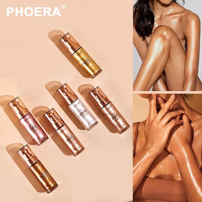 PHOERA Body Shimmer Oil,Bronzer Body Glow Highlighter Luminizer with Makup Bursh,Self Tanning Lotion,1oz/Jars (103 Glistening Bronze)