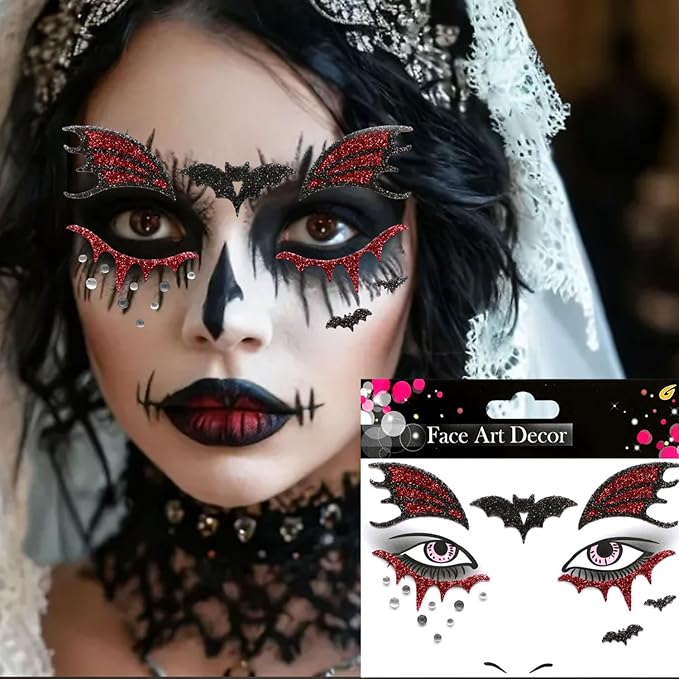 3 Pcs Halloween Face Stickers for Women, Bats and Spider Webs Face Gems Jewels,Day of the Dead Rhinestone Face Jewels Glitter Face Tattoo Stickers for Halloween Rave Party Cosplay