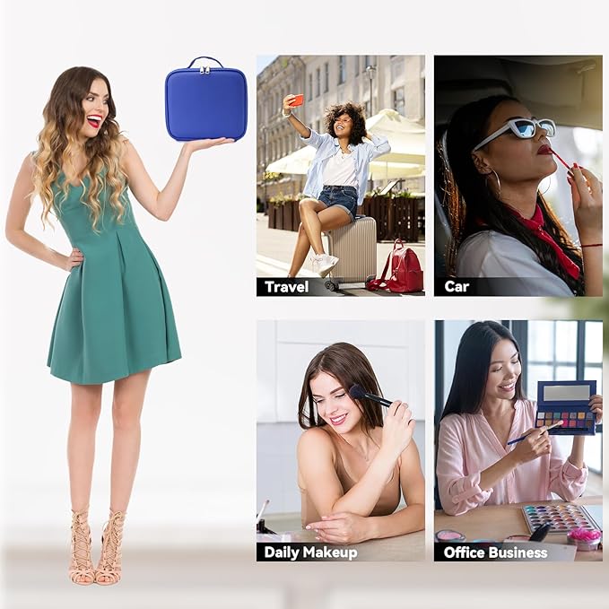 Travel Makeup Bag with LED Mirror and 10x magnifying glass with 3 Lighted Settings, Adjustable Dividers and Makeup Brush Storage Bag Dark Blue