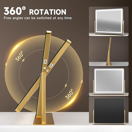 Hasipu Vanity Mirror with Lights 24" x18” -Makeup Mirror with Lights and 5X Magnification, Phone Holder, USB Charging & Smart Touch 3-Color Lighting (Gold)