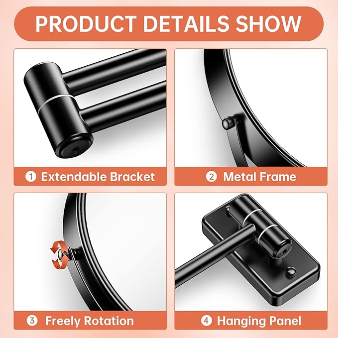 Benbilry 9" Large Size Wall Mounted Makeup Mirror, 1X/10X Magnifying Double Sided Shaving Mirror for Bathroom, 360° Swivel Extendable Arm, Black