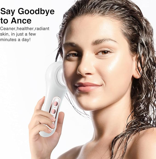 Electric Facial Cleansing Brush, 2-Way Rotating Face Scrubber for Daily & Deep Cleaning, 3 Modes, 5 Brush Heads, Rechargeable, IPX7 Waterproof for All Skin Types