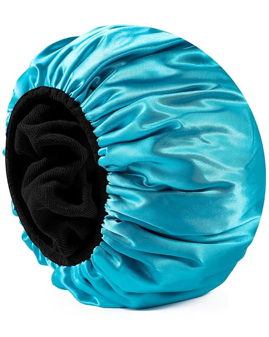 YIZIJIZI Triple Layer Reusable Waterproof Shower Cap for Women Large Terry Lined Hair Cap for Long Thick Hair Travel Bath Care Light Blue