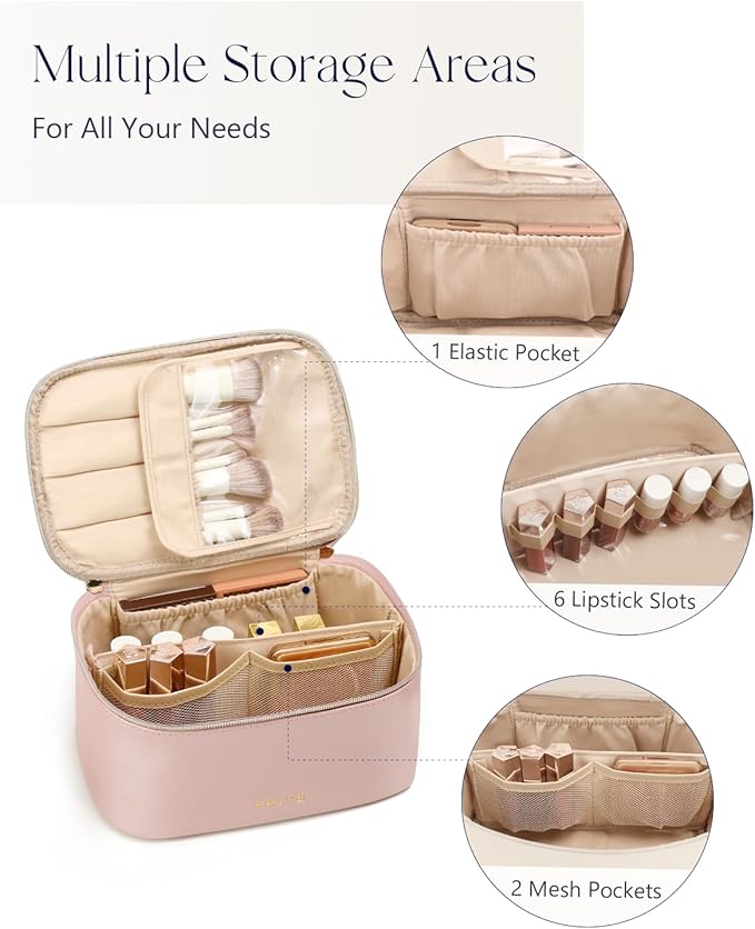 Prite Makeup Bag Portable Cosmetic Organizer with Brush Holder Waterproof Travel Toiletry Bag for Women with Handle and Divider (Pearl Pink)