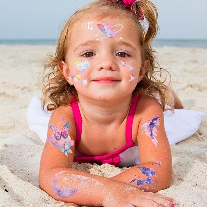 110 Glitter Styles Temporary Tattoos for Girls Women - 12 Sheets Glitter Dream Butterfly Moon Fairy Mermaid Temporary Tattoos for Girls Party Favors Festival Makeup
