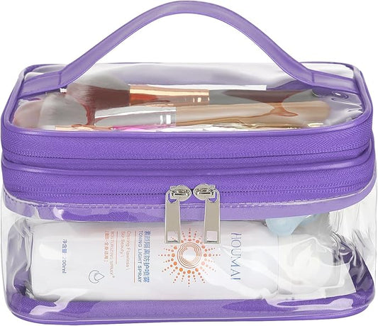 HAOGUAGUA Double Layer Clear Cosmetic Bag Makeup Bag, Waterproof Travel Toiletry Bag, Transparent PVC Pouch Organizer (Purple)