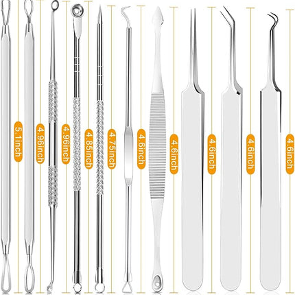 Pimple Popper Tool Kit - Boxoyx 10 Pcs Blackhead Remover Comedone Extractor Kit with Metal Case for Quick and Easy Removal of Pimples, Blackheads, Zit Removing, Forehead,Facial and Nose(Silver)