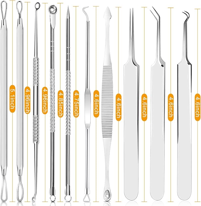 Pimple Popper Tool Kit - Boxoyx 10 Pcs Blackhead Remover Comedone Extractor Kit with Metal Case for Quick and Easy Removal of Pimples, Blackheads, Zit Removing, Forehead,Facial and Nose(Silver)