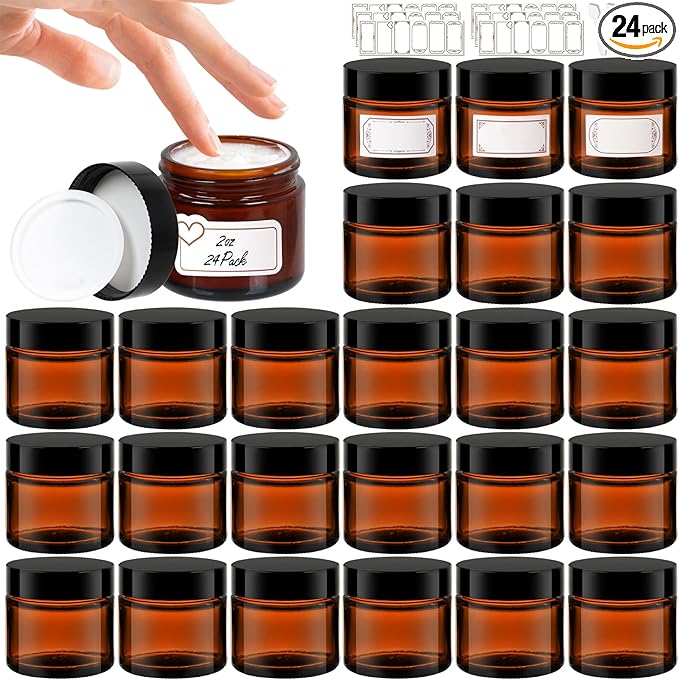 2 oz Amber Glass Jars with Lids 24Pack, Small Jars with Inner Liners for Sample, Powder, Cream, Lotion and Ointments with Stickers & Spatulas Included