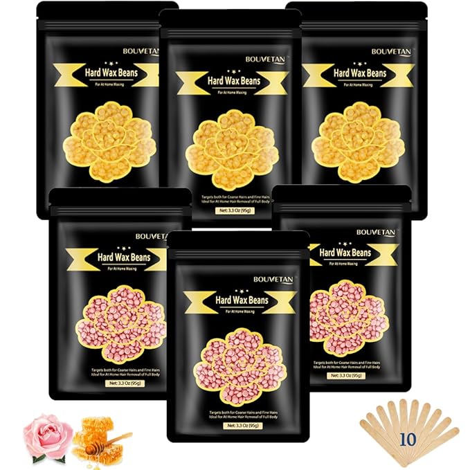 Hard Wax Beads, Bouvetan 1.3Lb/21oz Wax Beans for Brazilian Waxing, Hard Waxing Beads for Eyebrow, Face, Bikini for Women Men Hair Removal with 10pcs Wax Spatulas, 6 Packs
